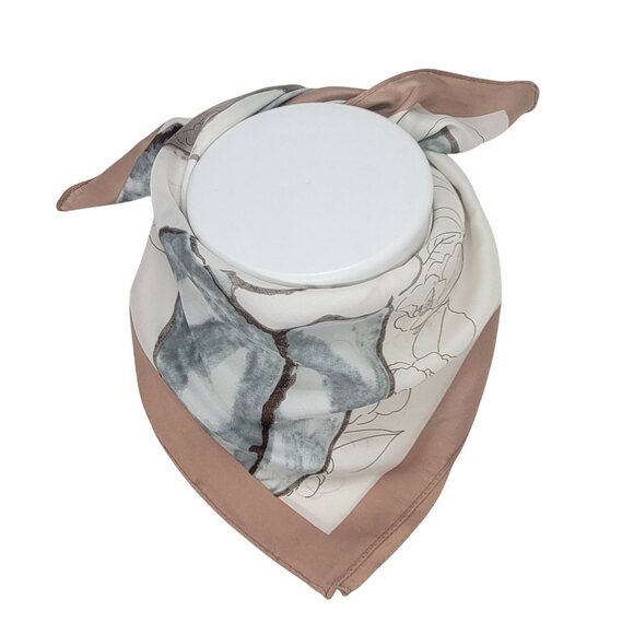 ⭐Elegant Bandana Square Scarf FLORAL Silky Satin Soft Beige Brown Neutral hijab - Picture 3 of 8